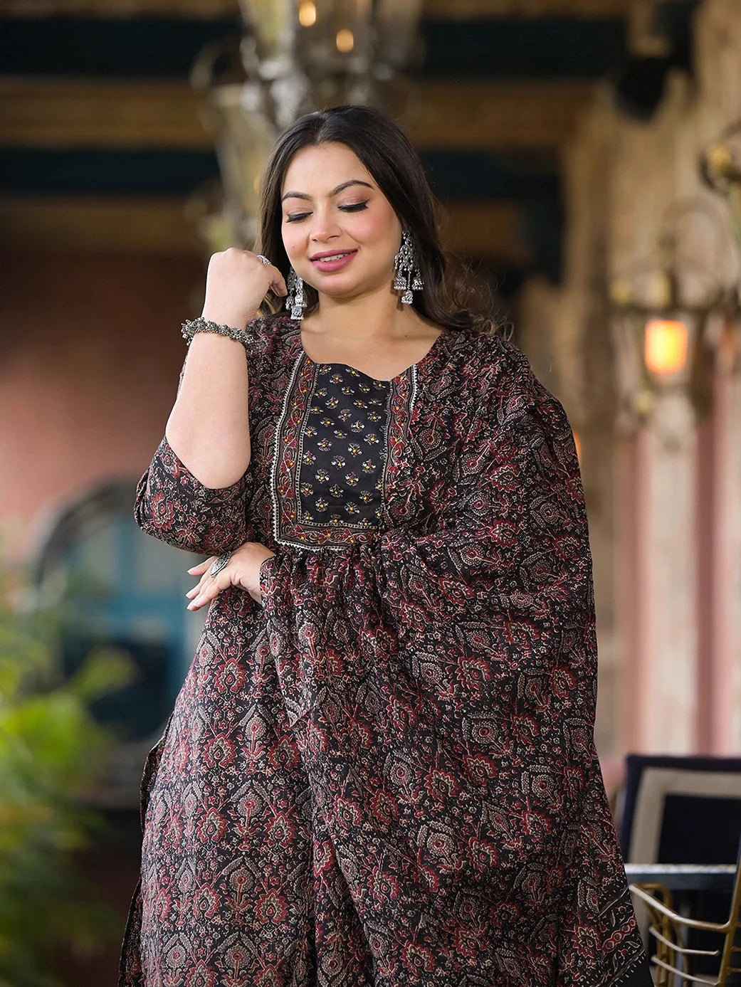 Yufta Black & Red Floral Print Straight Plus size Kurta Trouser And Dupatta Set - Distacart