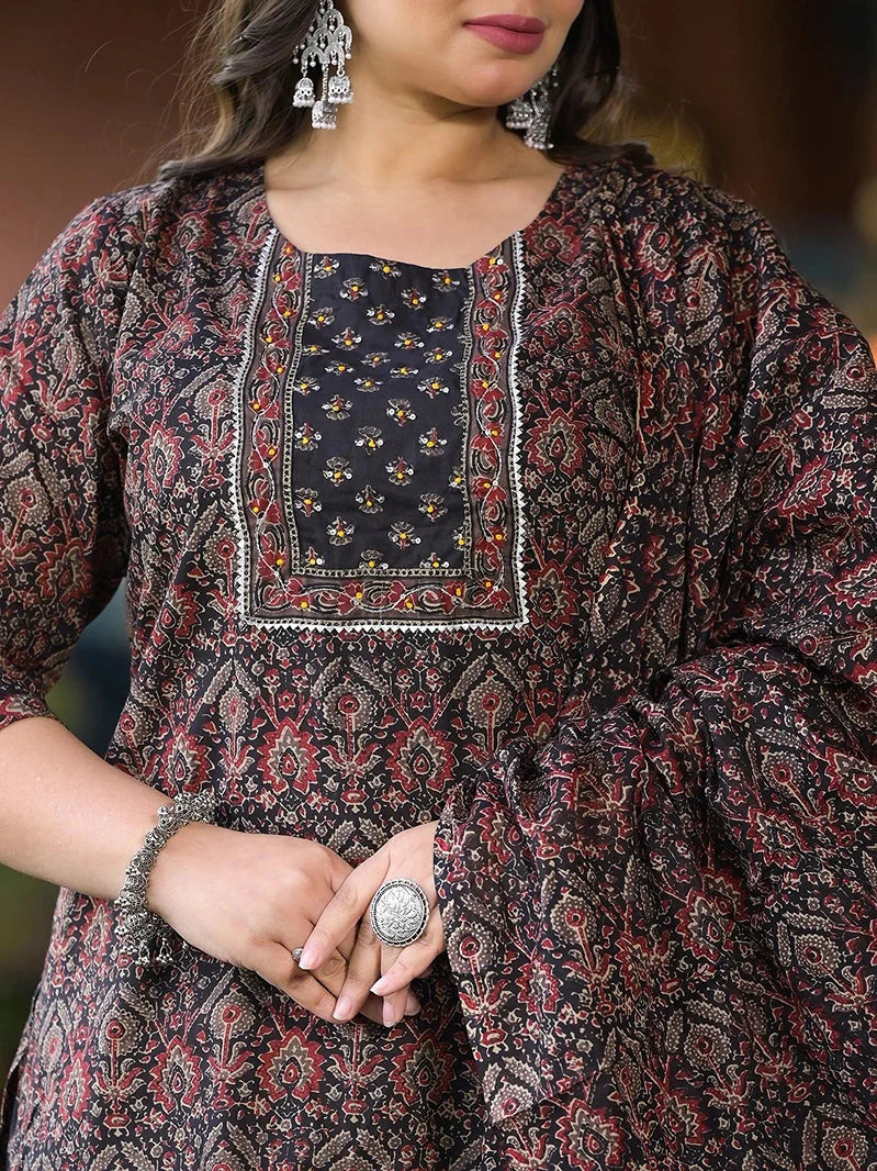 Yufta Black & Red Floral Print Straight Plus size Kurta Trouser And Dupatta Set - Distacart