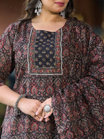 Thumbnail for Yufta Black & Red Floral Print Straight Plus size Kurta Trouser And Dupatta Set - Distacart