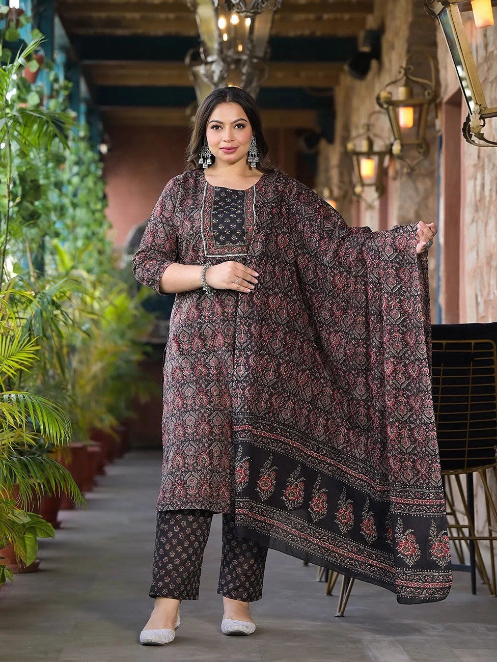 Yufta Black & Red Floral Print Straight Plus size Kurta Trouser And Dupatta Set - Distacart