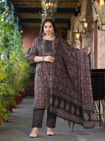 Thumbnail for Yufta Black & Red Floral Print Straight Plus size Kurta Trouser And Dupatta Set - Distacart