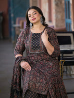 Thumbnail for Yufta Black & Red Floral Print Straight Plus size Kurta Trouser And Dupatta Set - Distacart
