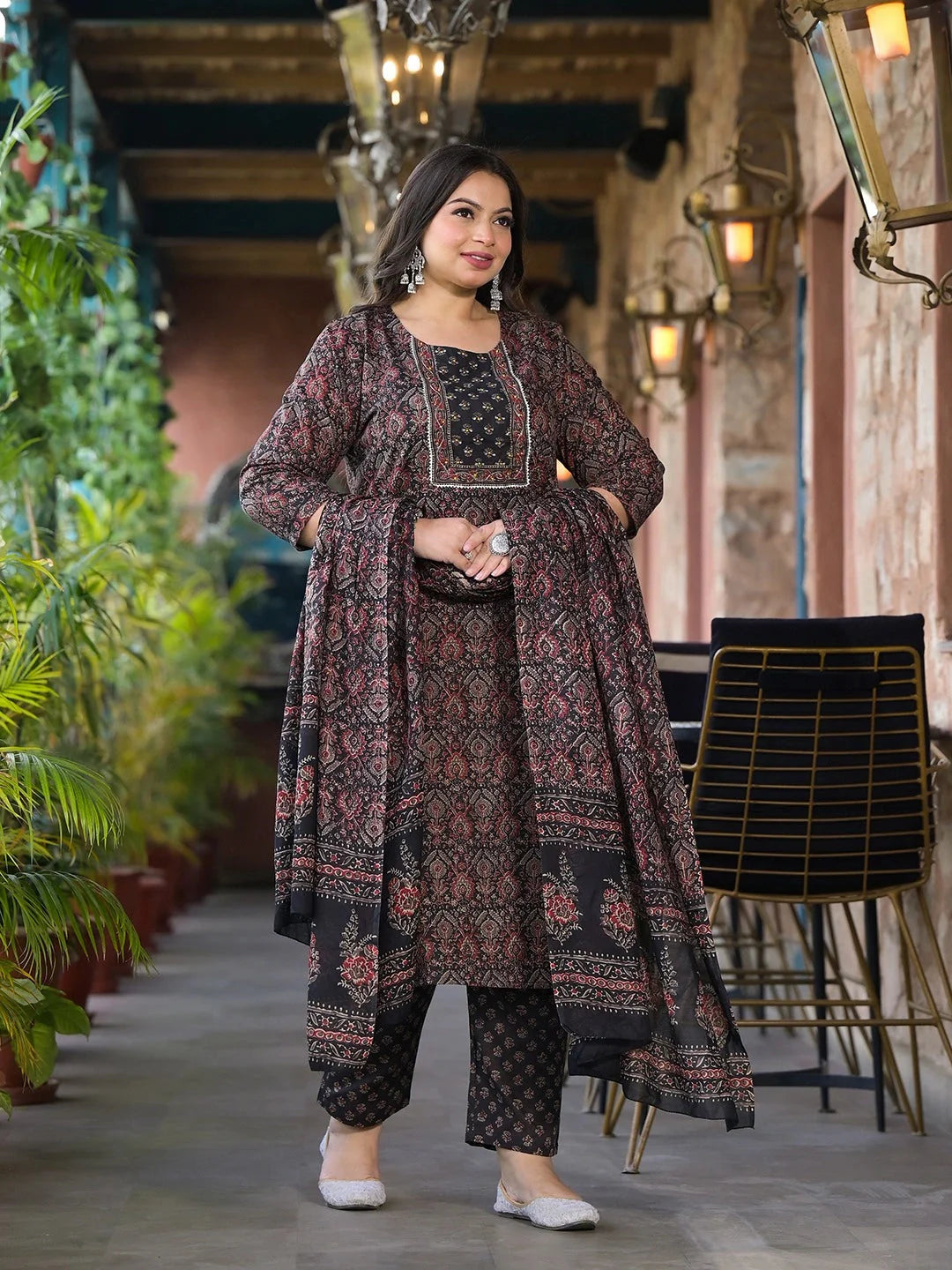 Yufta Black & Red Floral Print Straight Plus size Kurta Trouser And Dupatta Set - Distacart