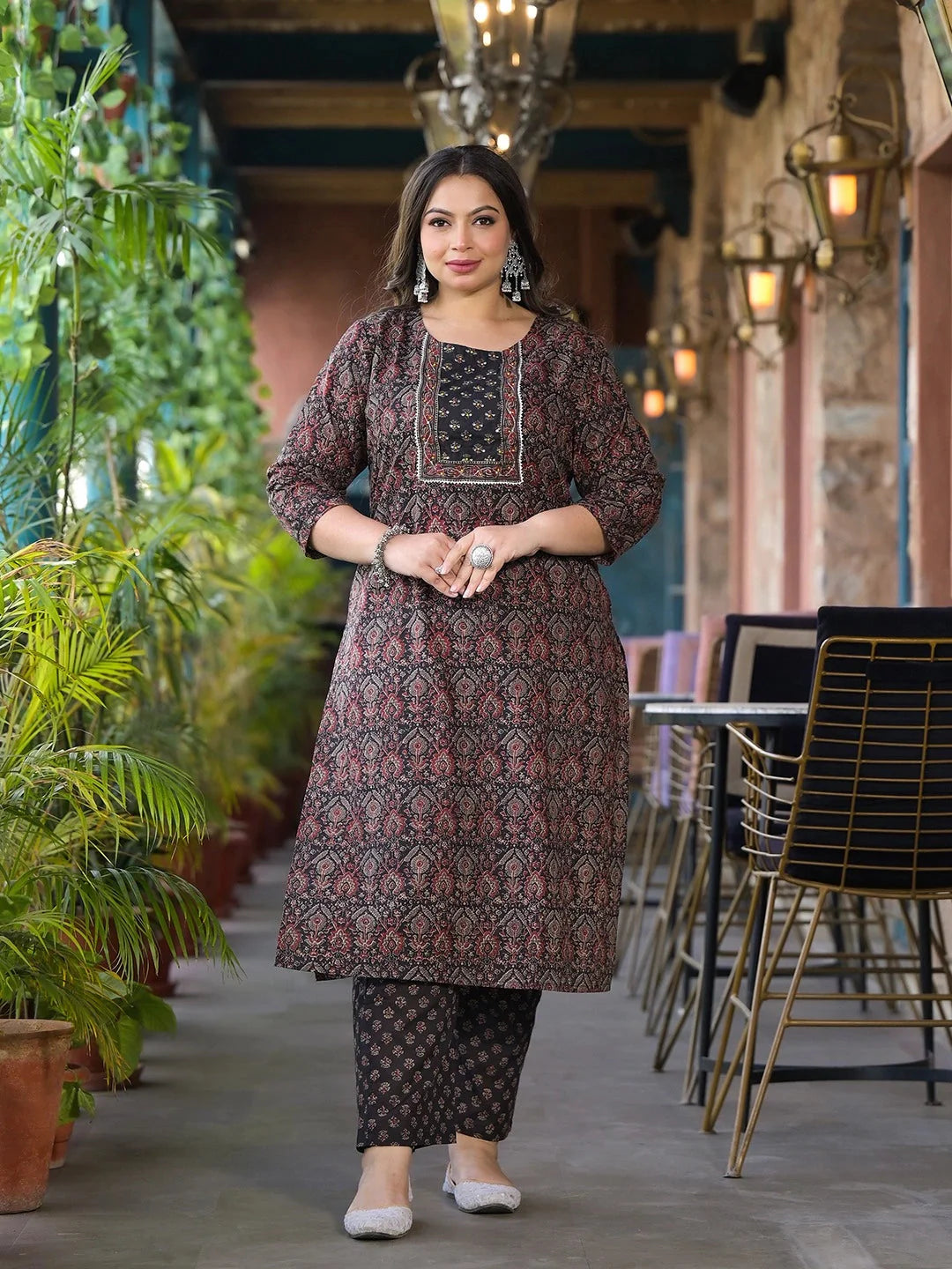 Yufta Black & Red Floral Print Straight Plus size Kurta Trouser And Dupatta Set - Distacart