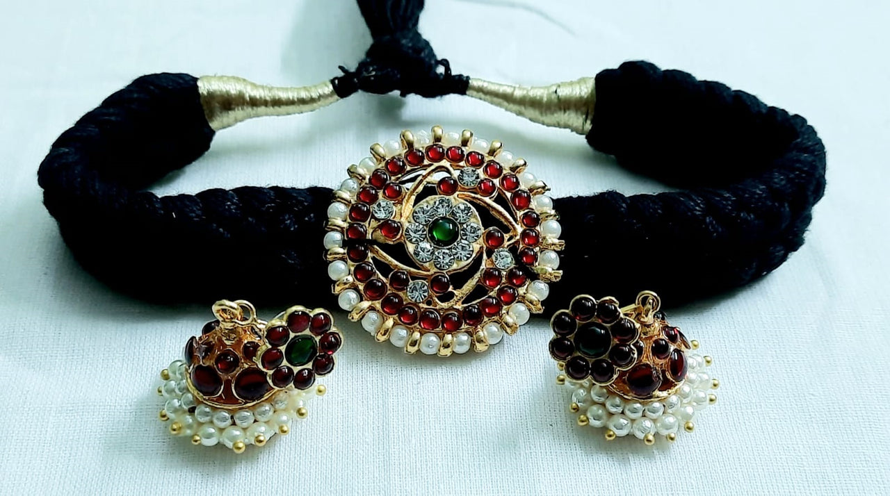 Elite Trading Black Thread Choker with Kempu Stones & Moon Pendant with Jhumka Traditional South Indian Jewelry for Women and Girls - Distacart