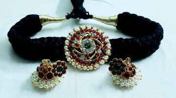 Elite Trading Black Thread Choker with Kempu Stones & Moon Pendant with Jhumka Traditional South Indian Jewelry for Women and Girls - Distacart