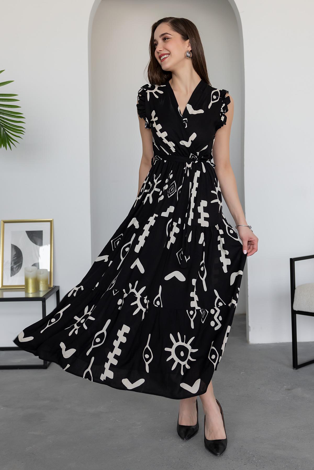 Pimu V-Neck Maxi Dress with Black Graphic Print