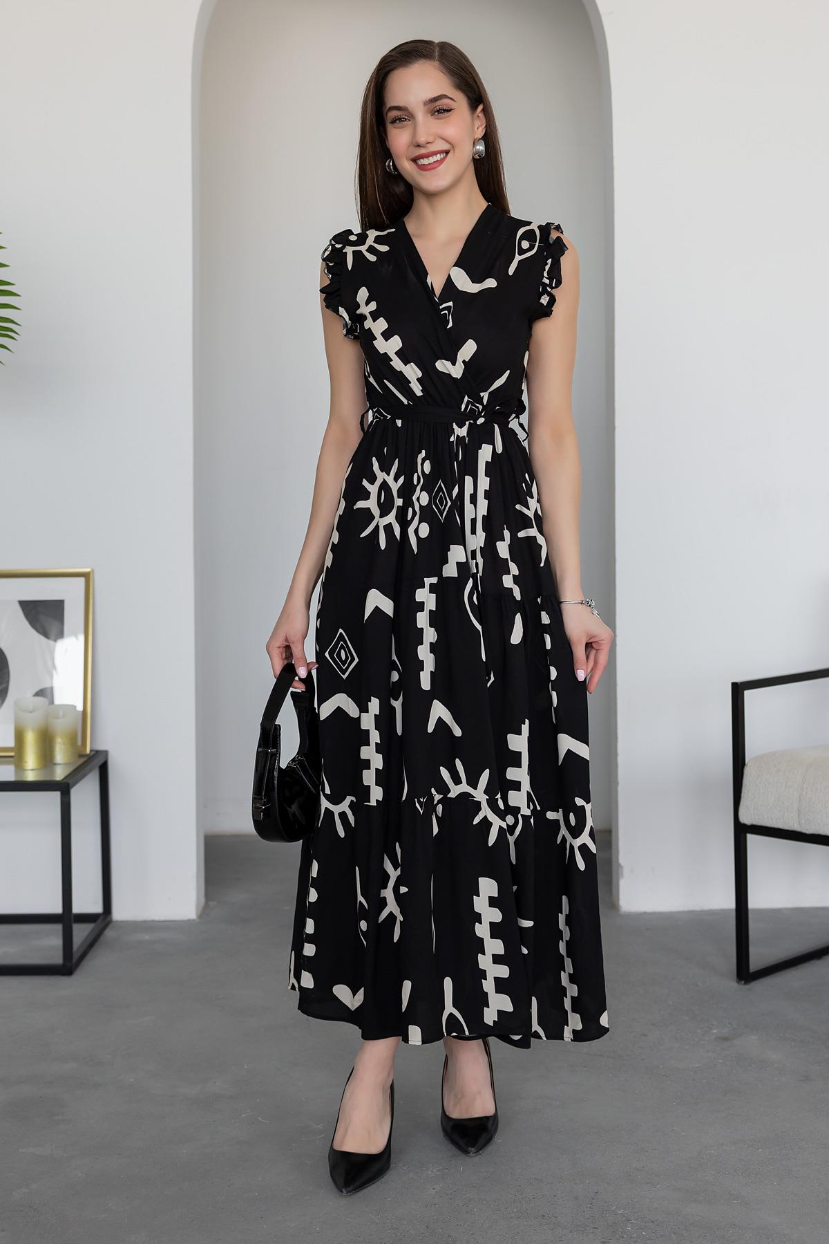 Pimu V-Neck Maxi Dress with Black Graphic Print