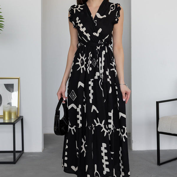 Pimu V-Neck Maxi Dress with Black Graphic Print