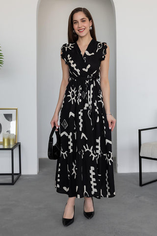Pimu V-Neck Maxi Dress with Black Graphic Print