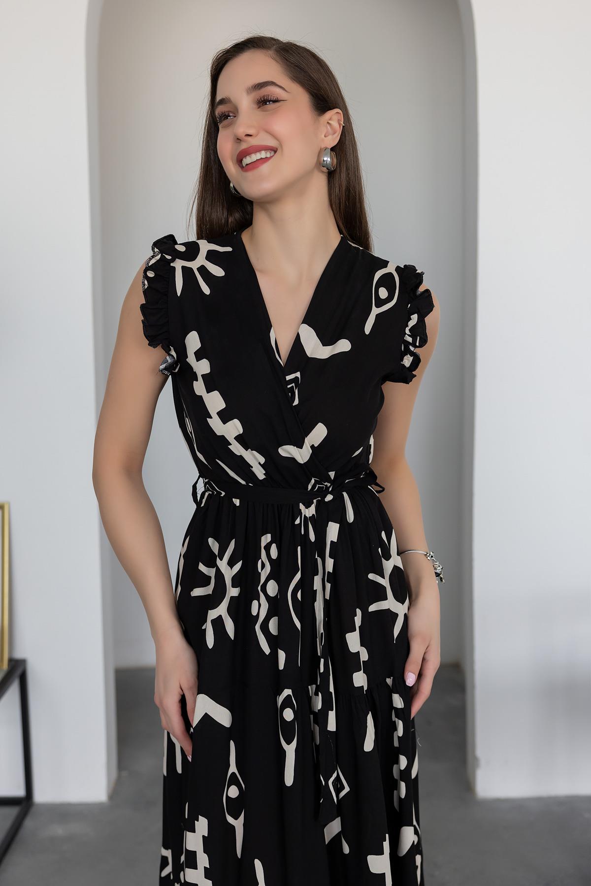 Pimu V-Neck Maxi Dress with Black Graphic Print