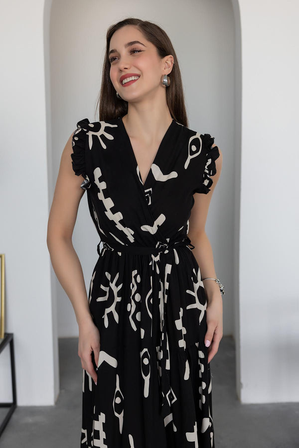 Pimu V-Neck Maxi Dress with Black Graphic Print