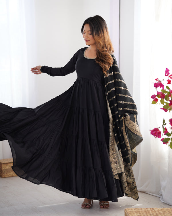 Lorenvalley Women Pure Roman silk Chanderi Fabric Layer Gathering Anarkali Kurta Pant With Dupatta Set