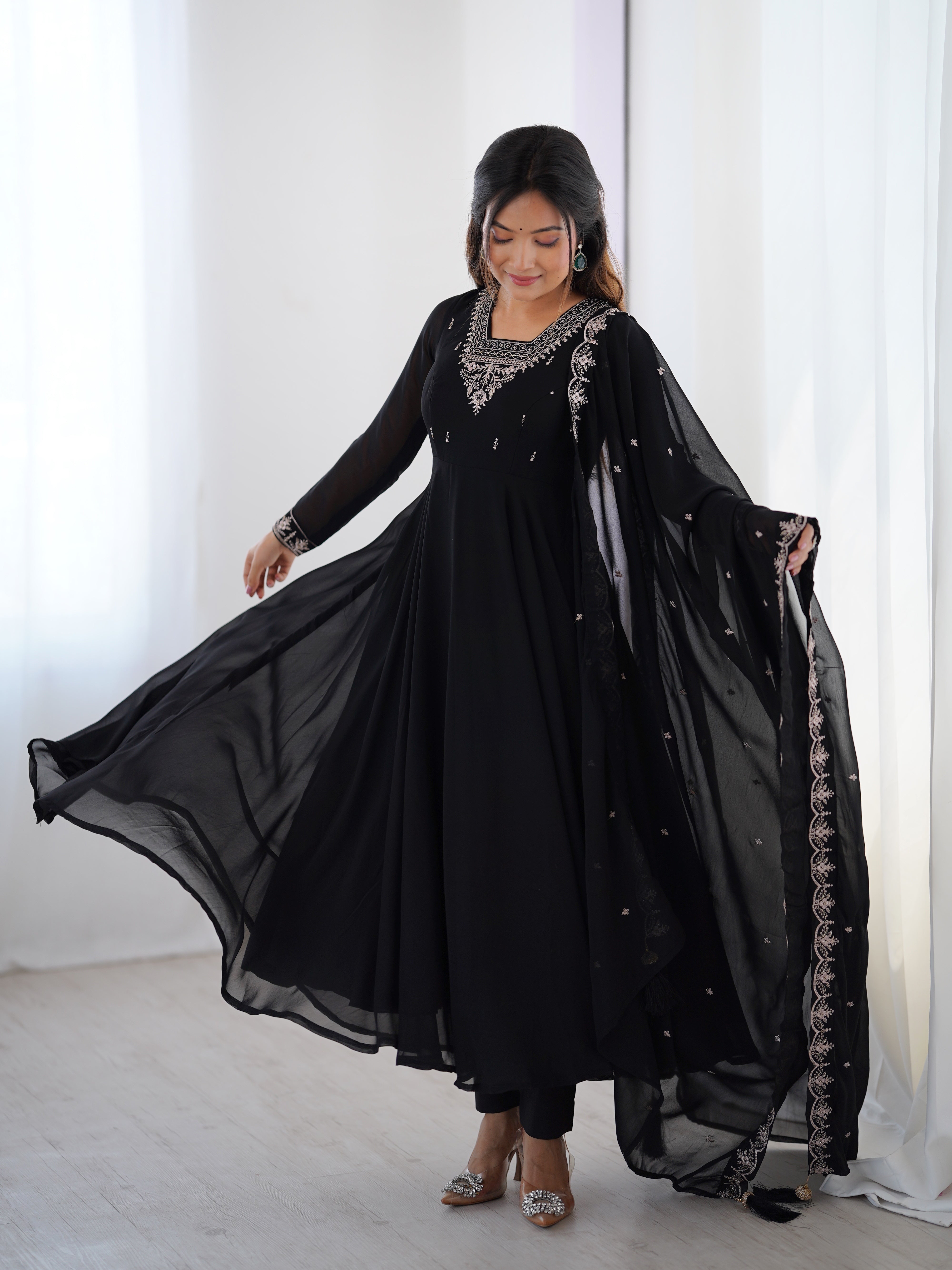 Lorenvalley Black Faux Georgette Fancy Embroidery Beads And Jari Work Anarkali Kurta Palazzo With Dupatta Set - Distacart