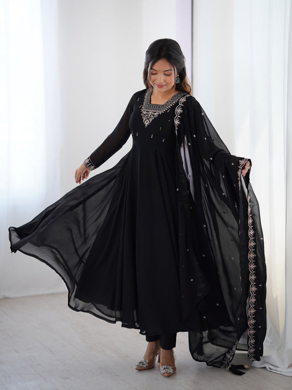 Lorenvalley Black Faux Georgette Fancy Embroidery Beads And Jari Work Anarkali Kurta Palazzo With Dupatta Set