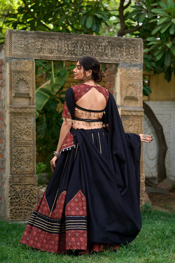 Lorenvalley Black Pure Cotton Plain With Printed And Paper Mirror Work Lace Lehenga Choli - Distacart
