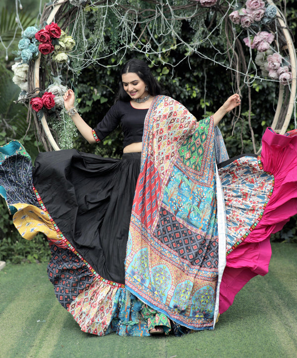 Lorenvalley Black Premium Rayon Lehenga with Choli with Digital Printed with Gotta Patti Lace Border Dupatta Set - Distacart