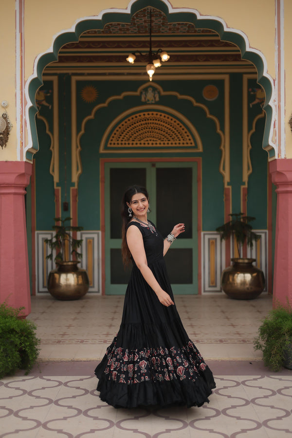 Lorenvalley Black Rayon Fabric with Printed Attached In Frill And Neck Gown - Distacart