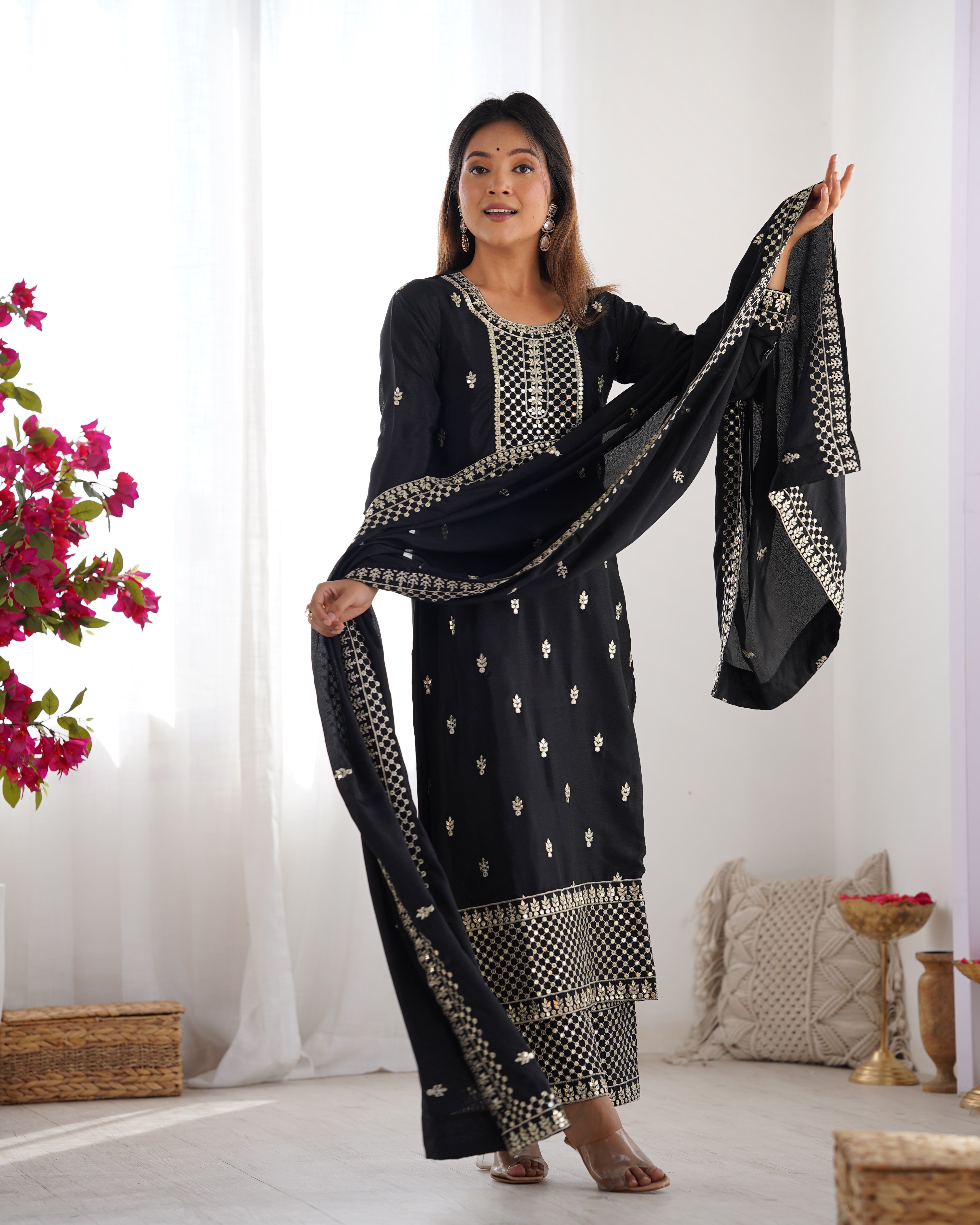 Lorenvalley Black Chinon Silk Embroidery Sequence and Jari Work Kurta Trousers with Dupatta Set - Distacart