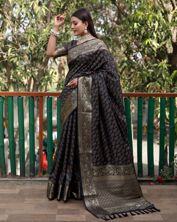 Lorenvalley Premium Bandhej Patola Silk Sarees with kanchi Borders and Contrast Zari Weaving borders Saree - Black - Distacart