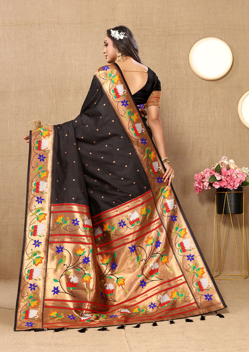 Lorenvalley Fashion Black Soft Paithani Silk Woven Design Rich Zari Meenakari Weaving Saree - Distacart