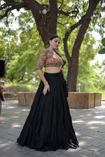 Thumbnail for Lorenvalley Black Premium Rayon Lehenga with Georgette Embroidered Traditional Thread work Choli - Distacart