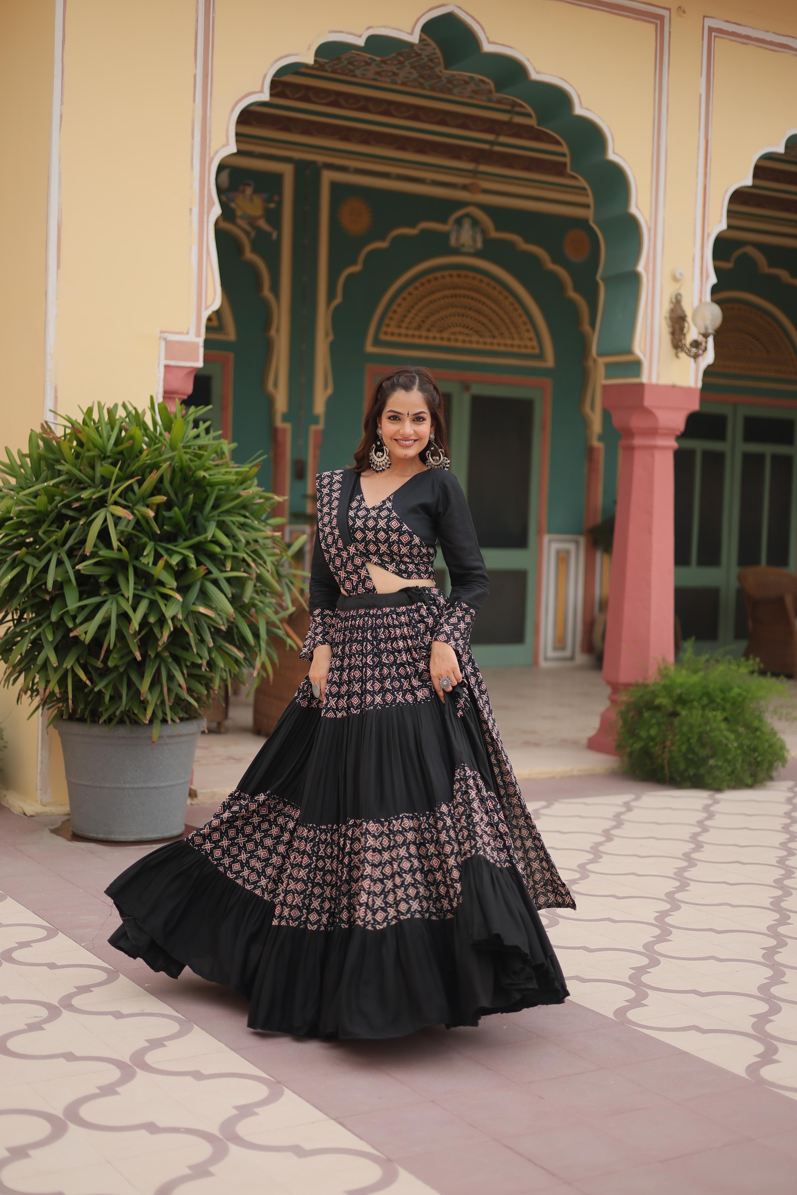 Lorenvalley Black Printed Rayon Navratri Collection Lehenga Choli with Dupatta - Distacart