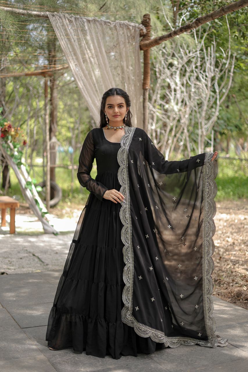 Evanik Black Faux Blooming Gown With Dupatta With Rich Sequins Embroidered work - Distacart
