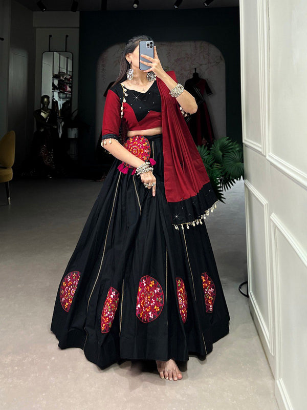 Lorenvalley Pure Black Cotton Plain And Gamthi Patch Work With Gota Patti Lehenga Choli with Dupatta - Distacart