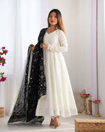 Thumbnail for Lorenvalley Fashion White Vichitra Silk Fabric Fully Flared Anarkali Pant With Dupatta Set