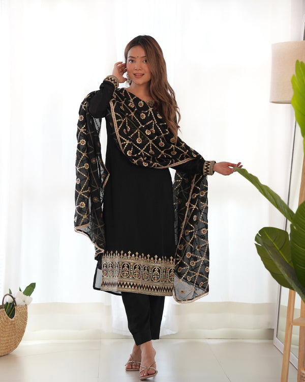 Lorenvalley Black Vichitra Silk Embroidery Sequence and Dori Thread Work Kurta Trousers with Dupatta Set - Distacart