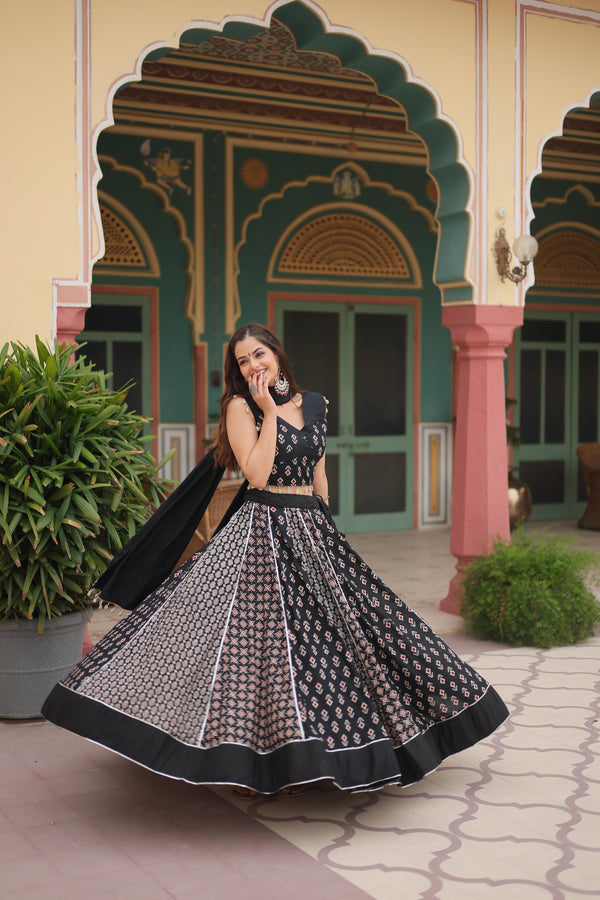 Lorenvalley Black Rayon Gota Patti Lace Printed Kali Pattern Lehenga Choli with Dupatta - Distacart