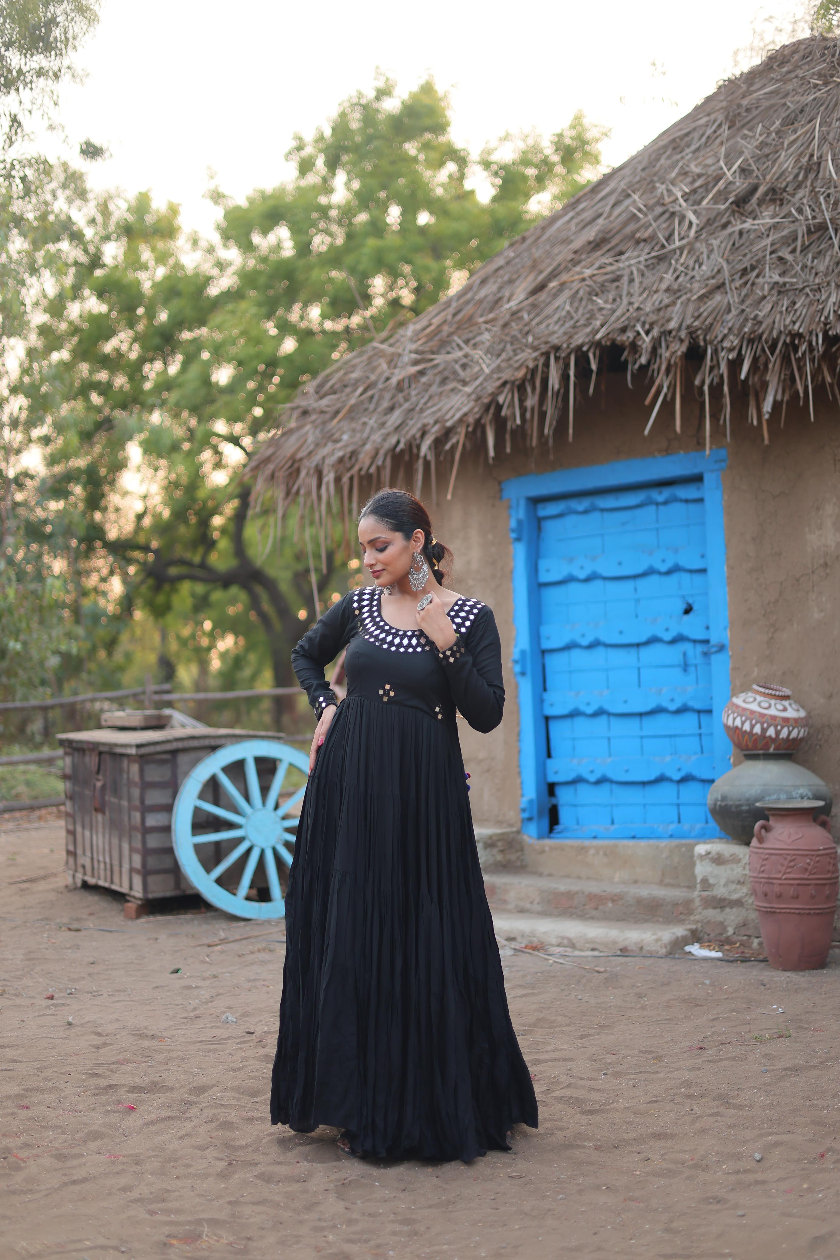 Lorenvalley Black Rayon Fabric With Real Mirror Work Gown - Distacart