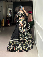 Thumbnail for Lorenvalley Black Tussar Silk Floral Printed Lehenga Choli - Distacart