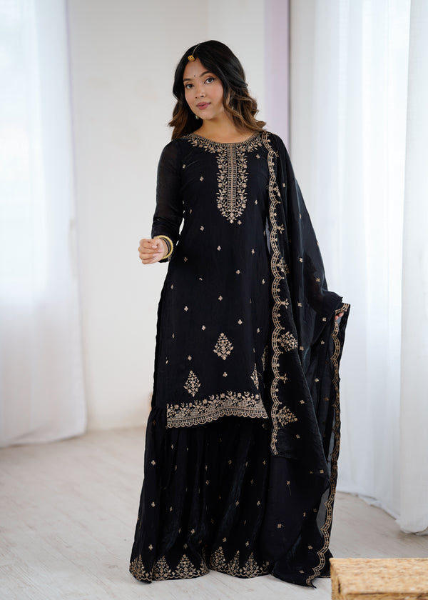 Lorenvalley Black Soft Crunchy Silk with Embroidery Sequence and Jari Work Kurta Palazzo with Dupatta