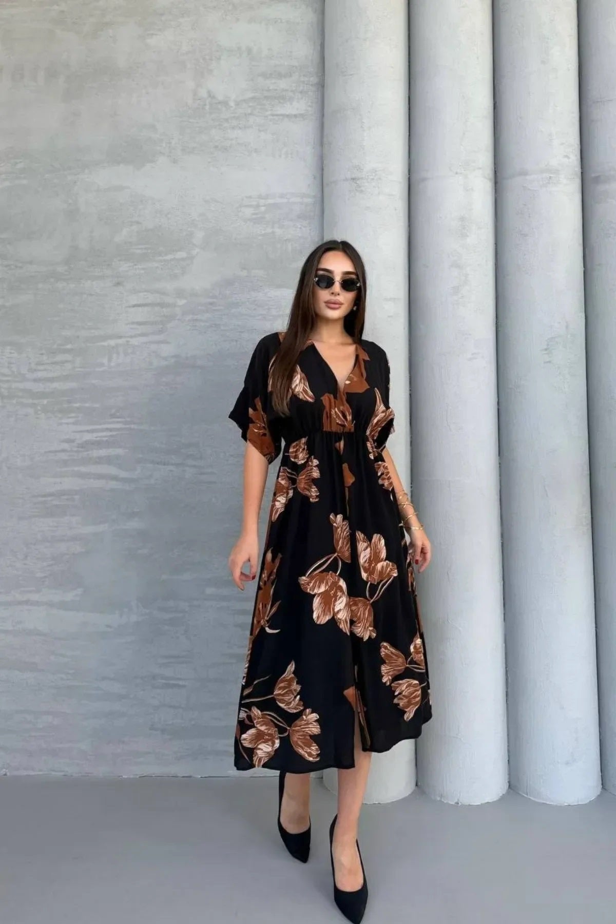 Pimu Front Slit Midi Dresses V-neck Designs For Women Party Wear - Black