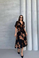 Thumbnail for Pimu Front Slit Midi Dresses V-neck Designs For Women Party Wear - Black