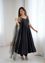 Thumbnail for Lorenvalley Fashion Black Pure Romansilk Chanderi Fabric Yoke Fancy Lace Work Anarkali Kurta Pant With Dupatta Set