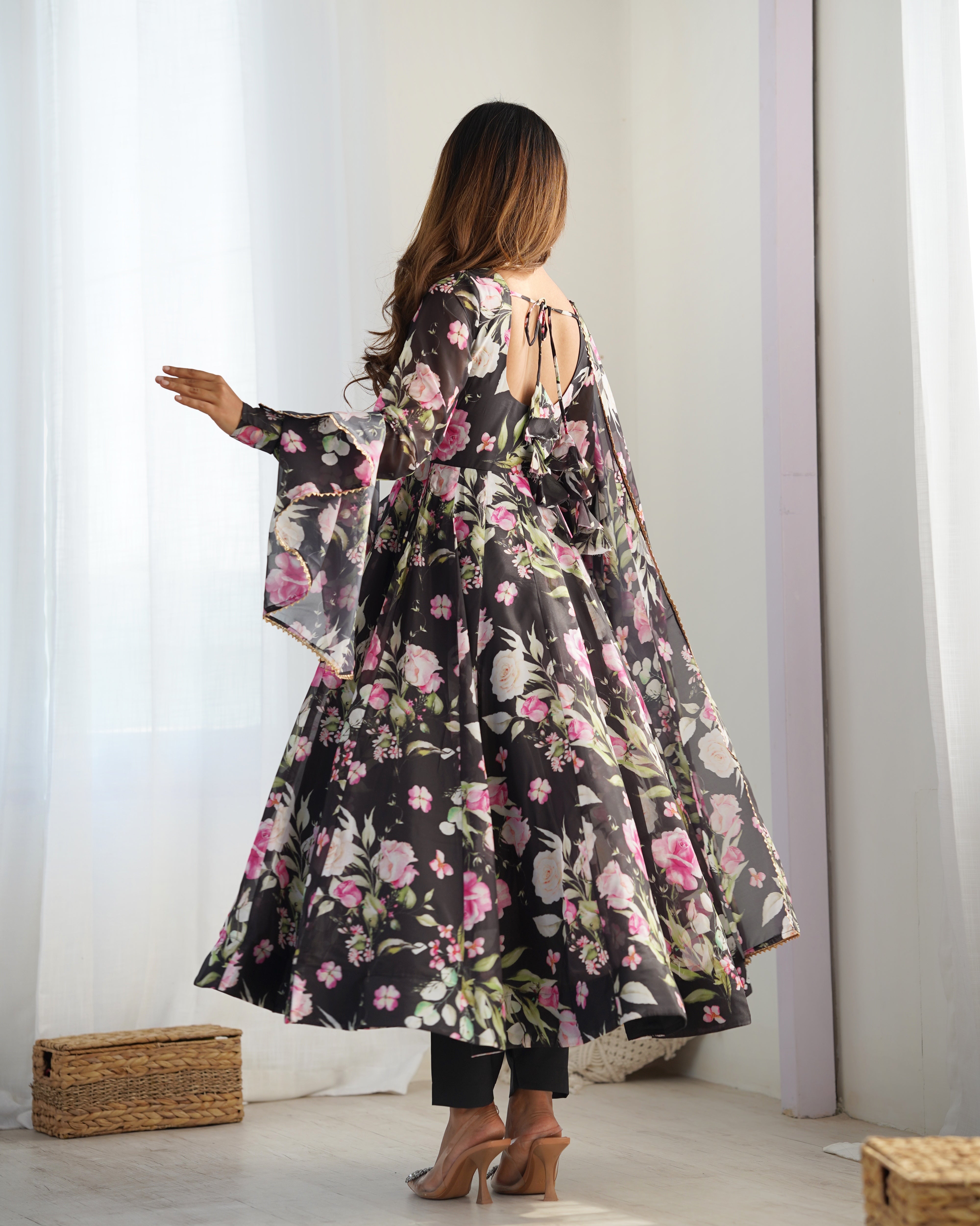 Lorenvalley Soft Organza Silk With Floral Print Fully Flared Anarkali Pant With Dupatta Set - Black - Distacart