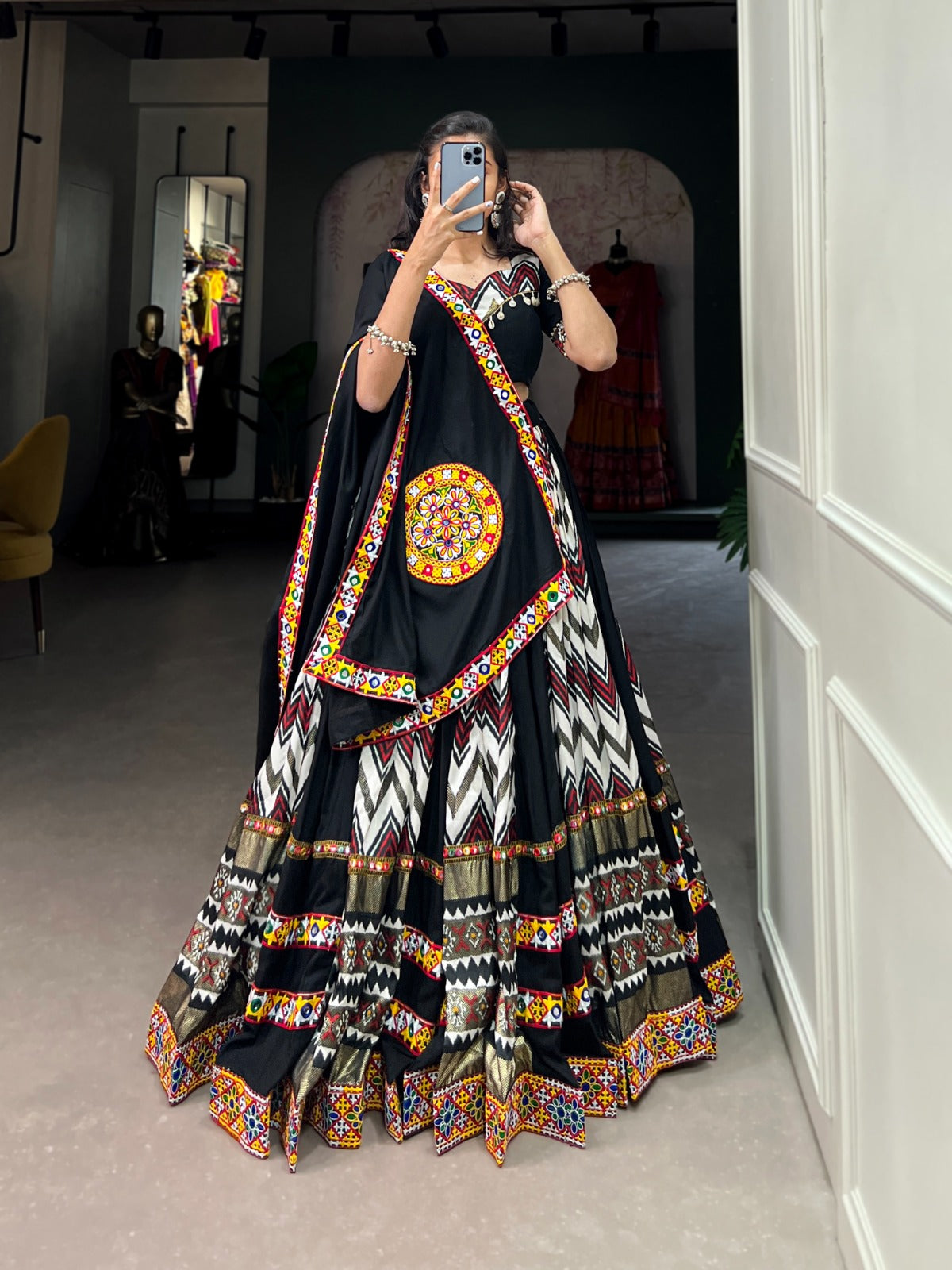 Lorenvalley Black Rayon With Printed Silk Original Mirror Gamthi Work Lehenga Choli With Dupatta - Distacart