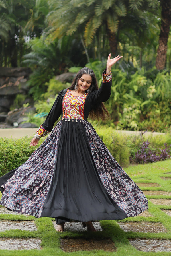 Lorenvalley Black Rayon Contrast of Printed with Kutchi Gamthi work Gown
