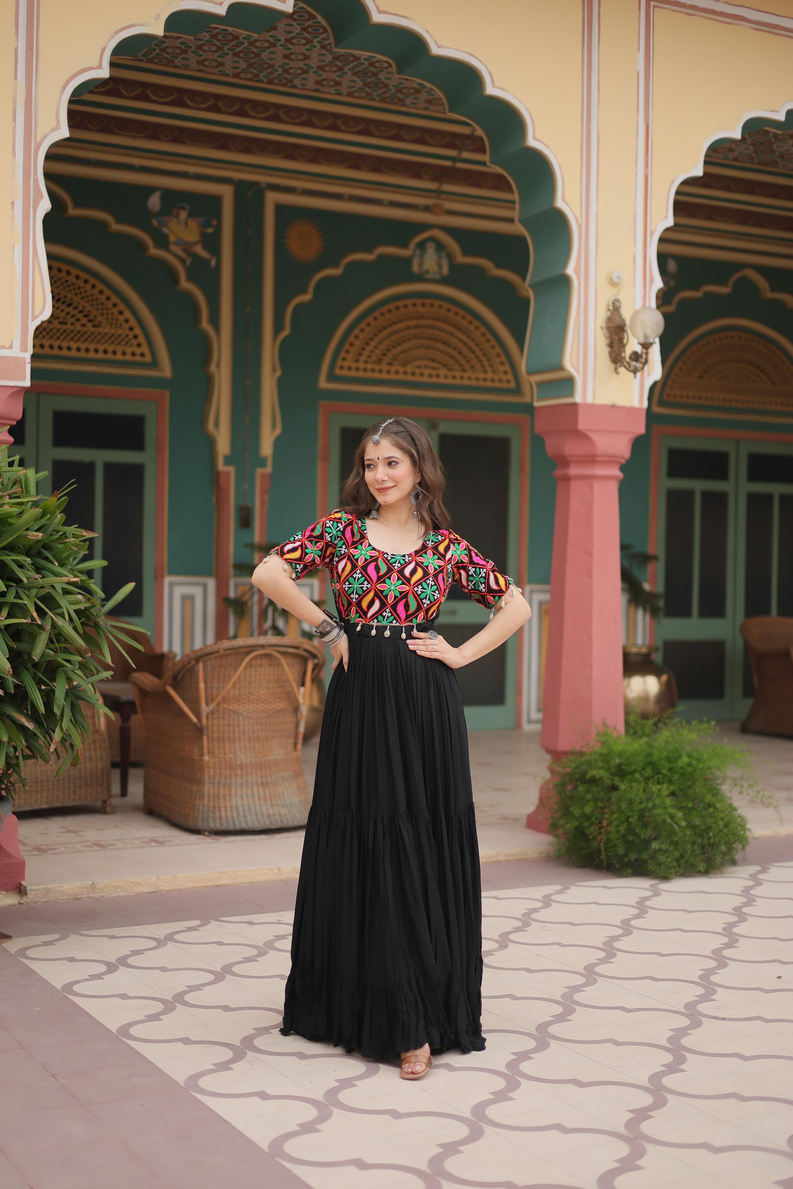 Lorenvalley Black Rayon Fabric with Kutchi Gamthi Kodi work Gown - Distacart