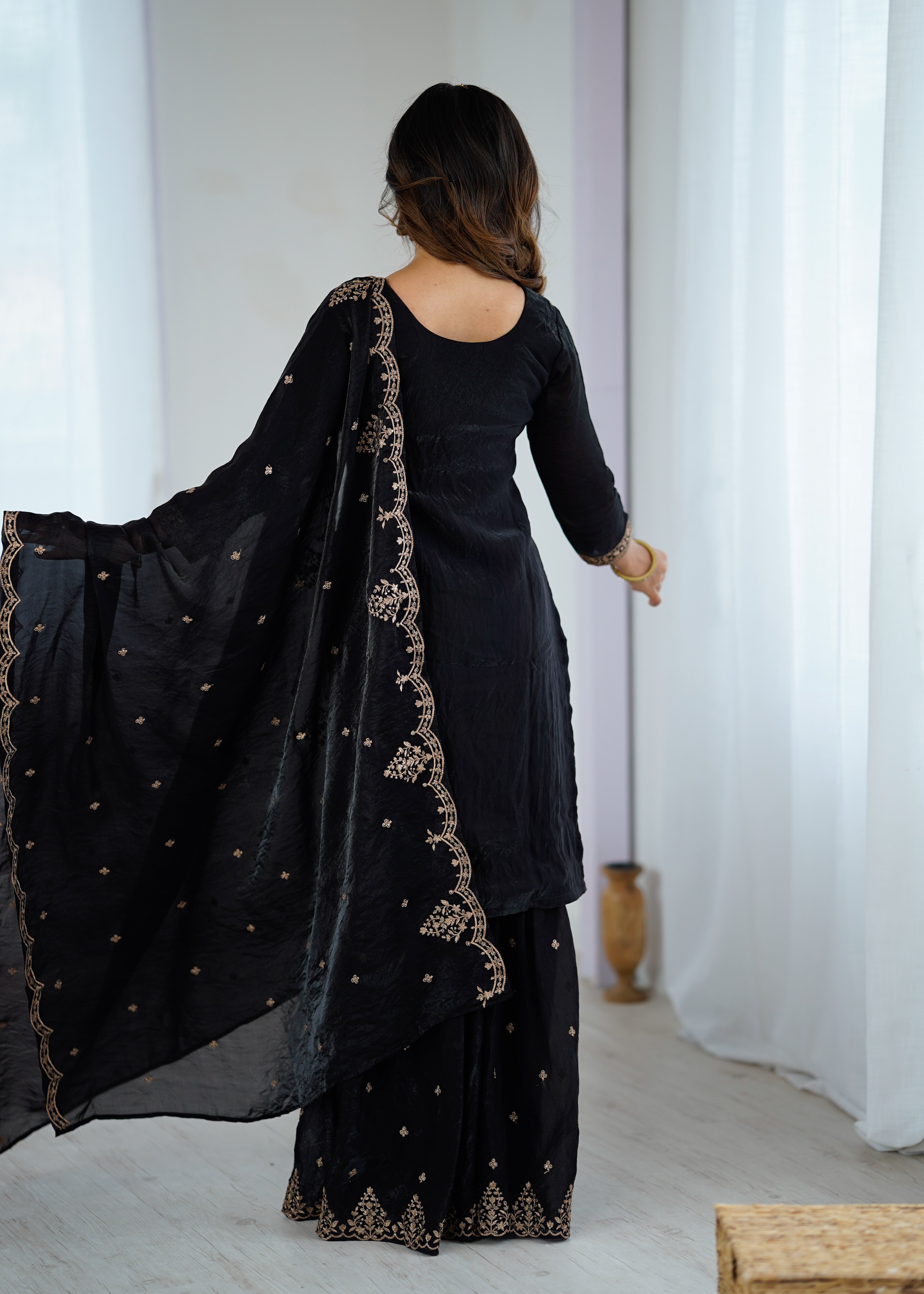 Lorenvalley Black Soft Crunchy Silk with Embroidery Sequence and Jari Work Kurta Palazzo with Dupatta