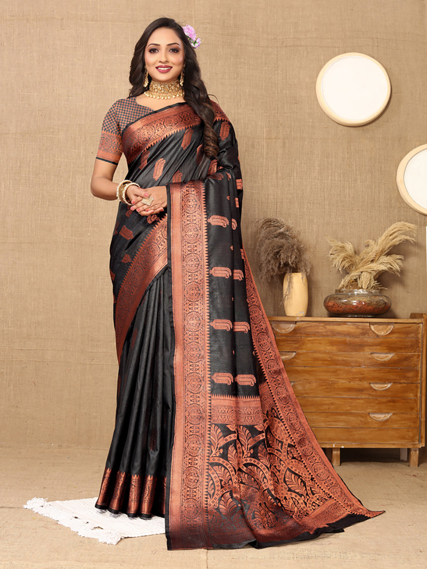 Lorenvalley Fashion Black Soft Katan Silk Woven Design Copper Zari Weaving Saree - Distacart