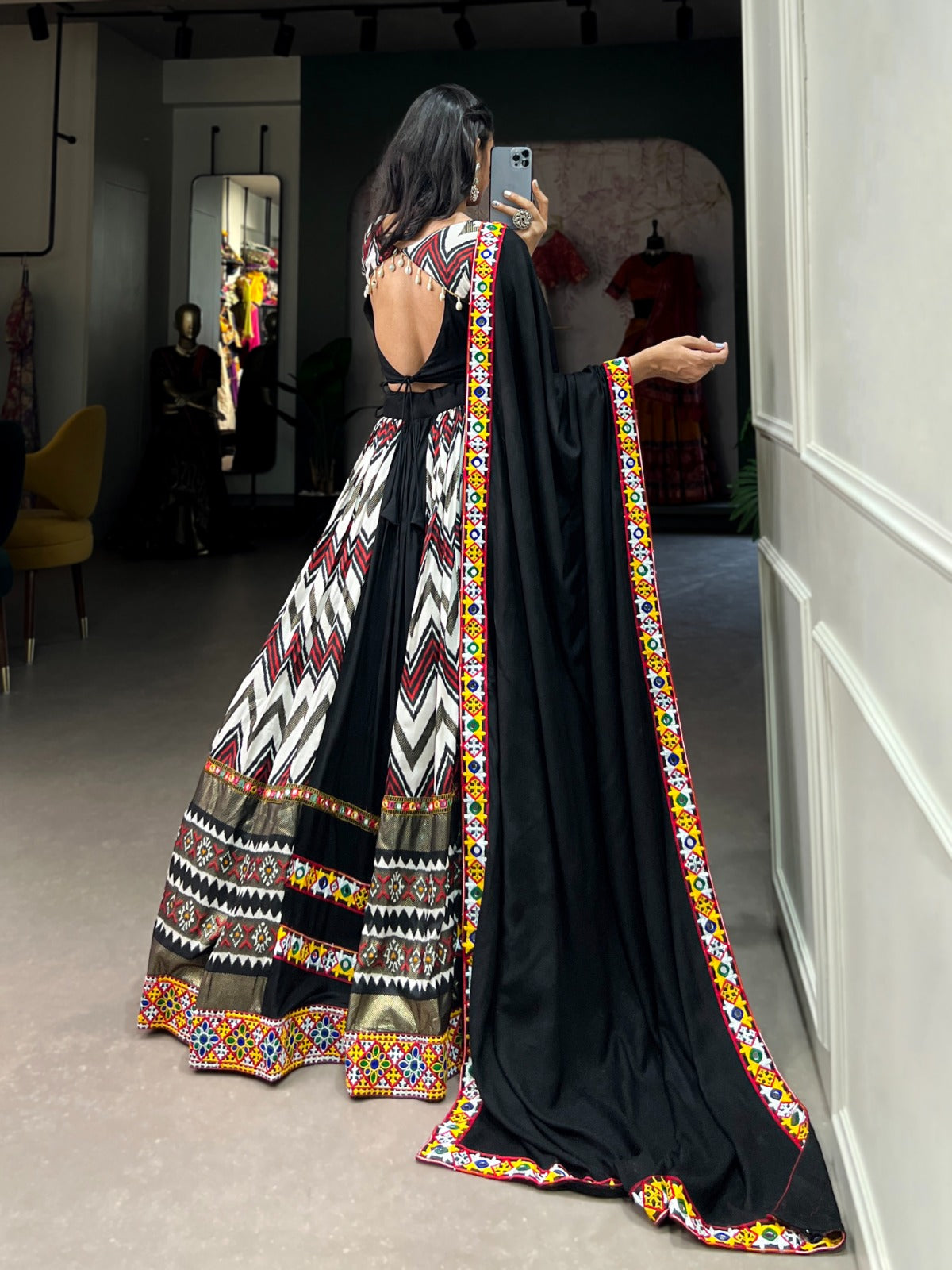 Lorenvalley Black Rayon With Printed Silk Original Mirror Gamthi Work Lehenga Choli With Dupatta - Distacart