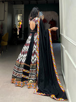 Thumbnail for Lorenvalley Black Rayon With Printed Silk Original Mirror Gamthi Work Lehenga Choli With Dupatta - Distacart