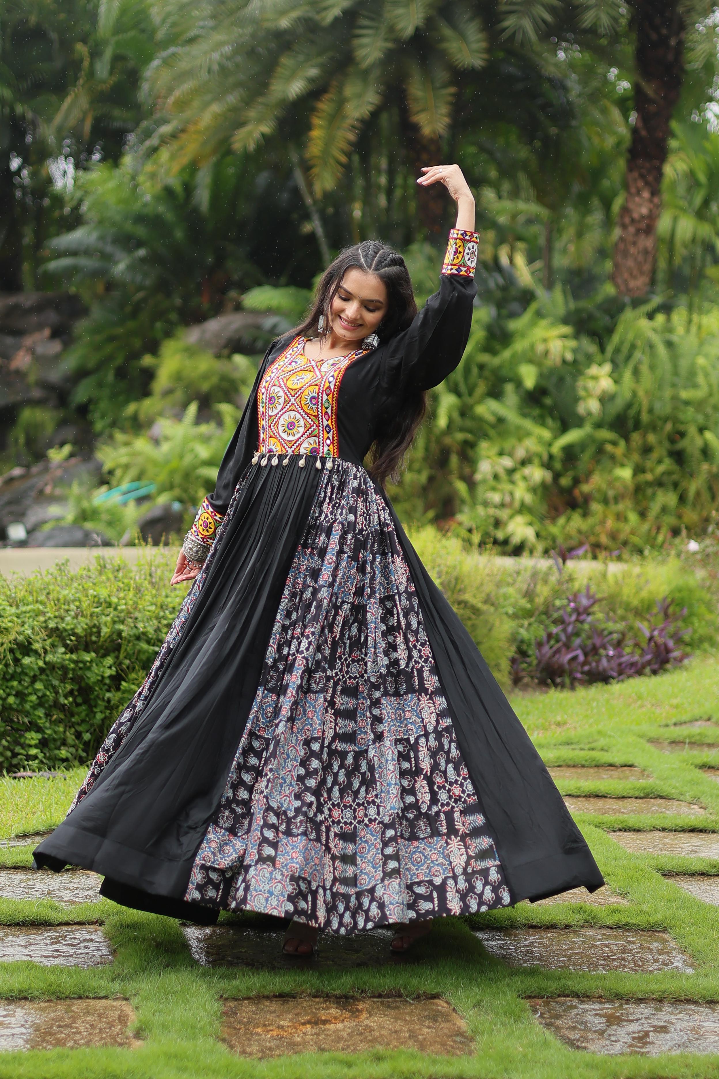 Lorenvalley Black Rayon Contrast of Printed with Kutchi Gamthi work Gown