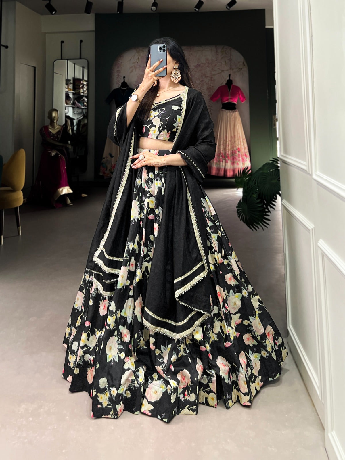 Lorenvalley Black Tussar Silk Floral Printed Lehenga Choli - Distacart