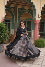 Thumbnail for Lorenvalley Black Rayon Gota Patti Lace Printed Kali Pattern Lehenga Choli with Dupatta - Distacart
