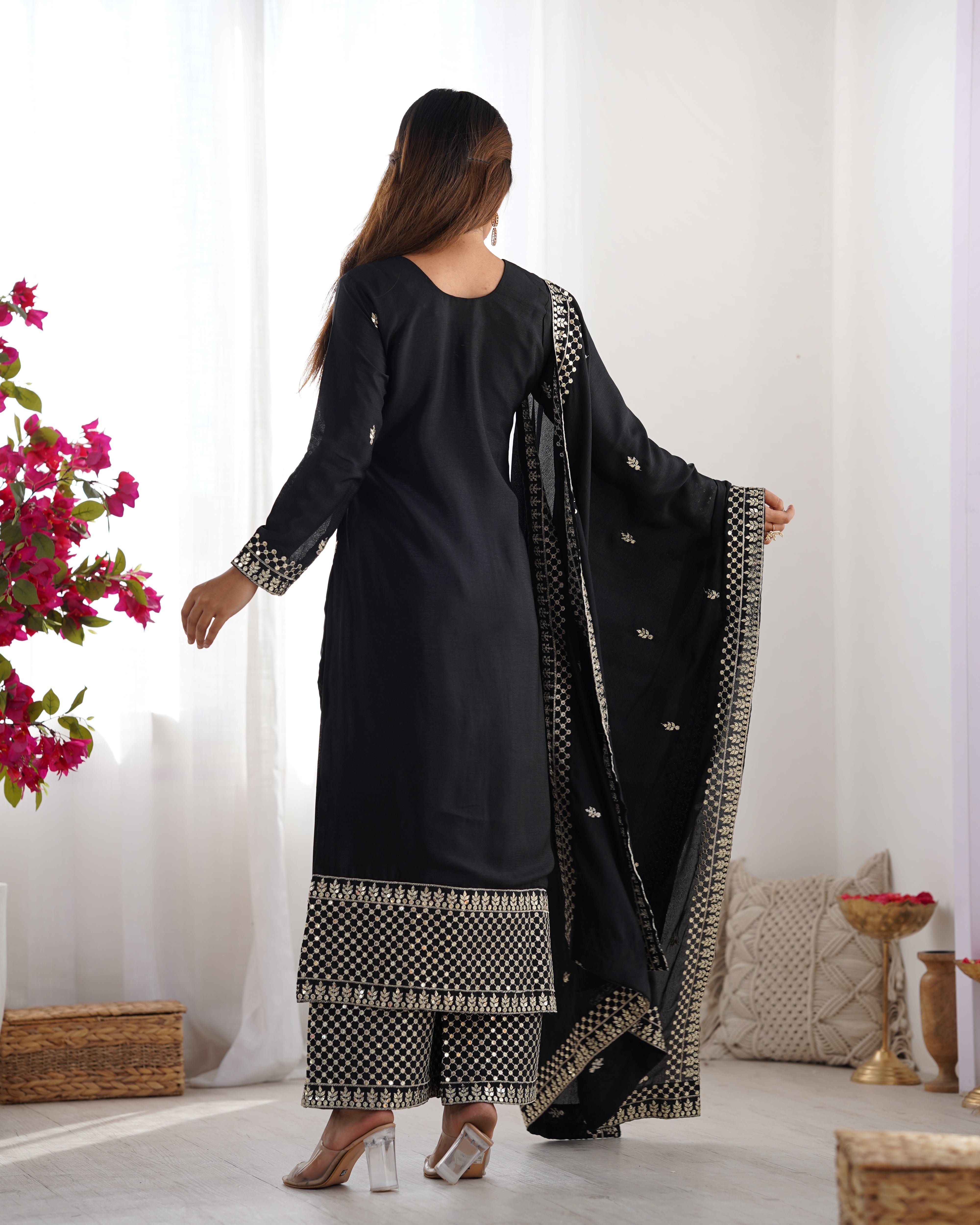 Lorenvalley Black Chinon Silk Embroidery Sequence and Jari Work Kurta Trousers with Dupatta Set